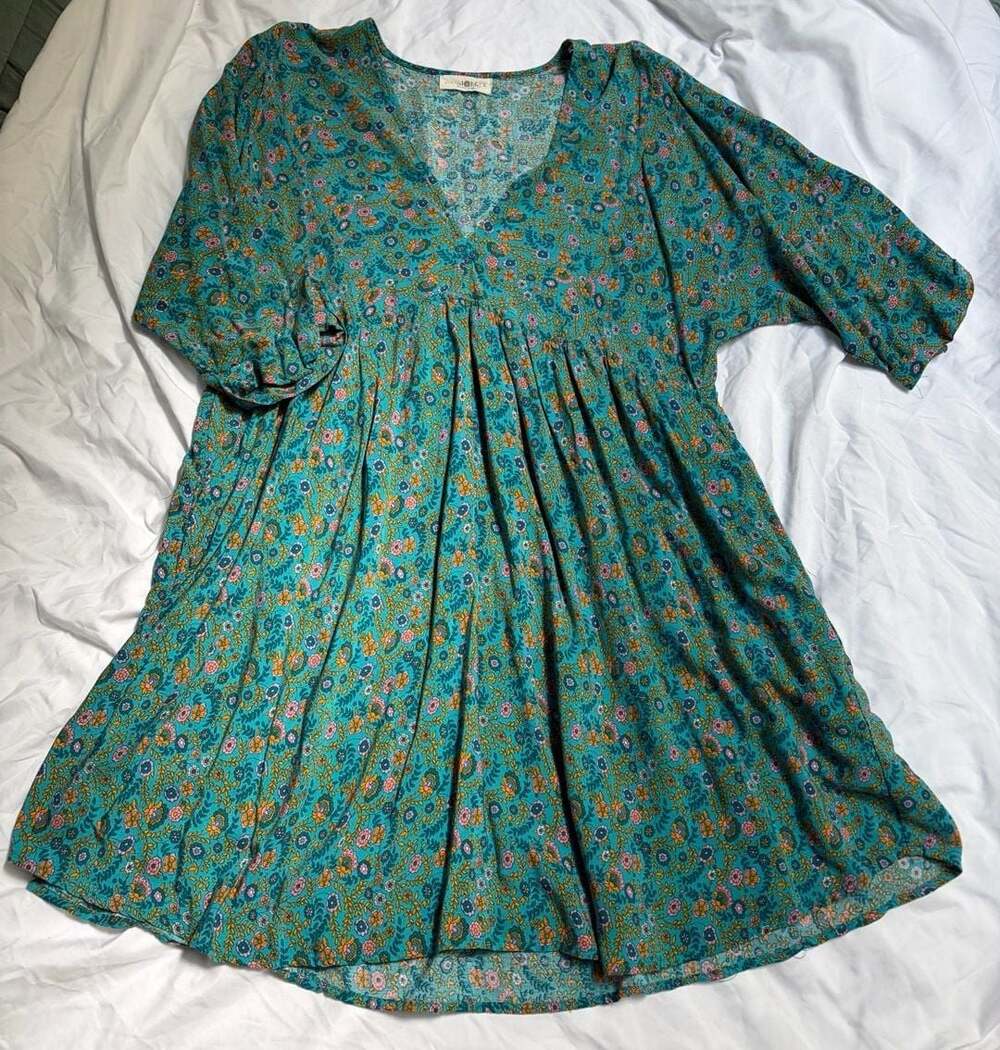 Natural Life Teal Green Floral V-Neck Pleated Mini Dress